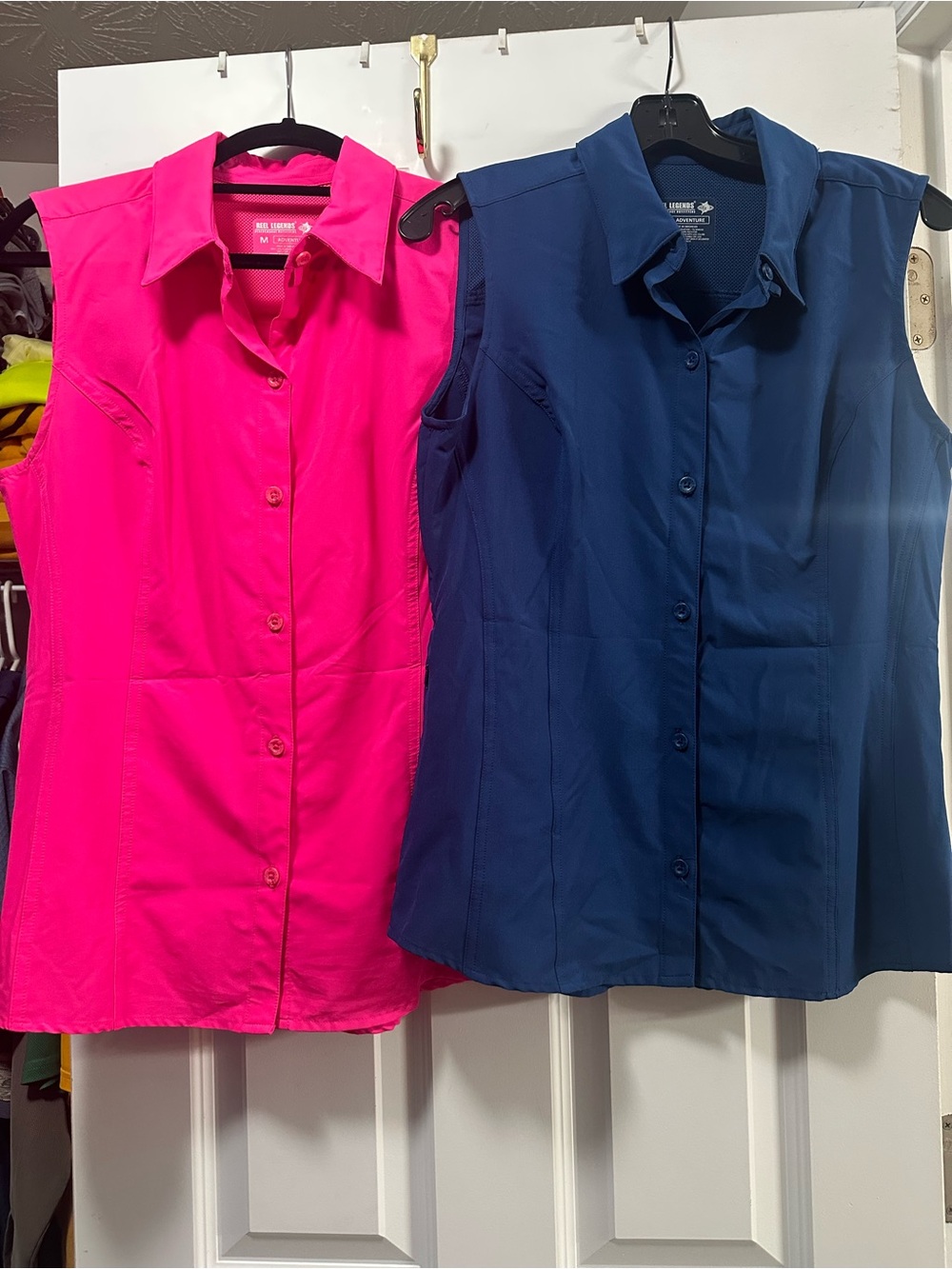 Reel Legends Sleeveless Button-Down Tops in Hot Pink and Navy